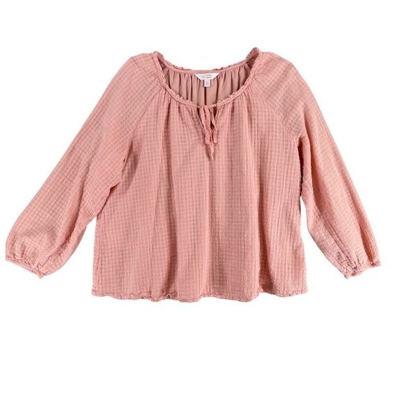 LC Lauren Conrad Soft Peach Textured Blouse XL Long Sleeve Boho Peasant Style Li - Picture 1 of 10